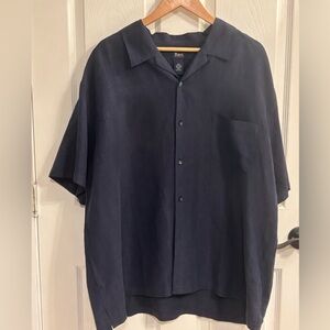 GH Bass Shirt Mens XXL Navy Blue Silk Linen Short Sleeve Button Up Casual NWT